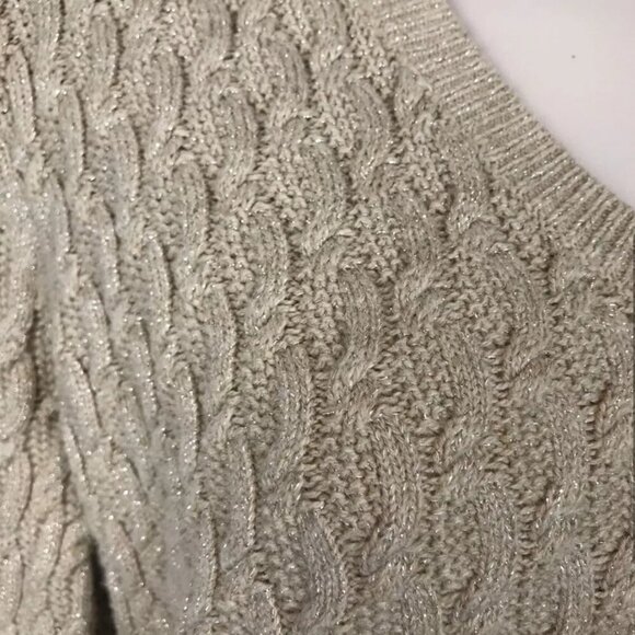 Lands End Metallic Cable Knit V-Neck Sweater Women’s M Gold Long Sleeve Pullover - Picture 4 of 7